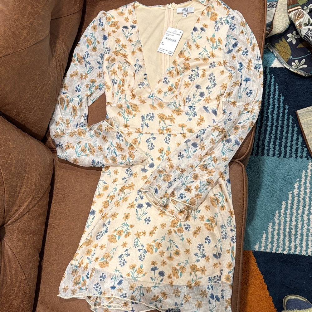AREA Floral V-Neck Mini Dress in Cream and Blue
